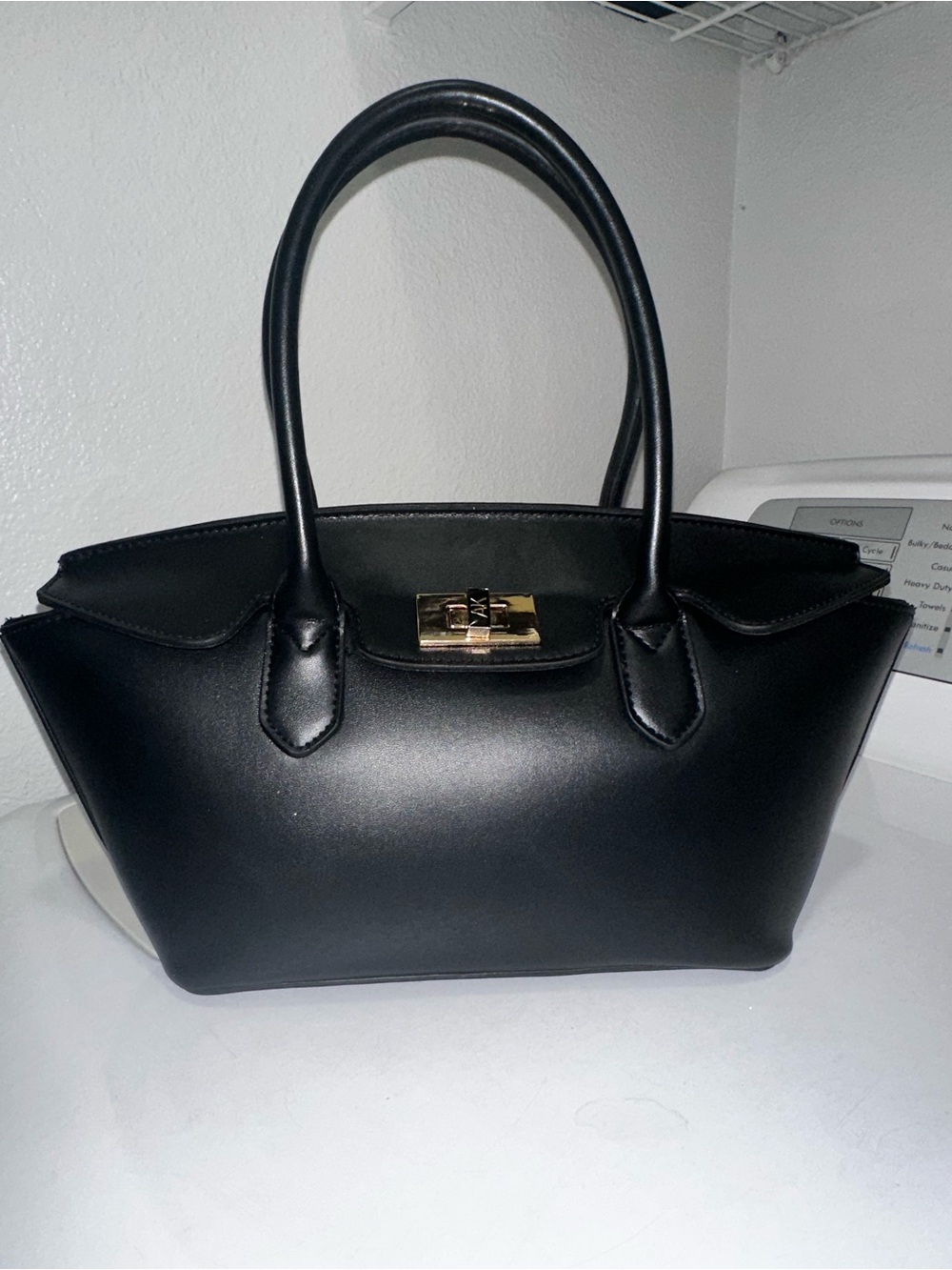 Structured Black Satchel with Gold Turn-Lock